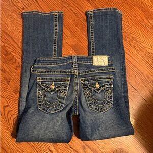 True Religion Dark Blue Denim Boot Cut Jeans with Gold Stitching